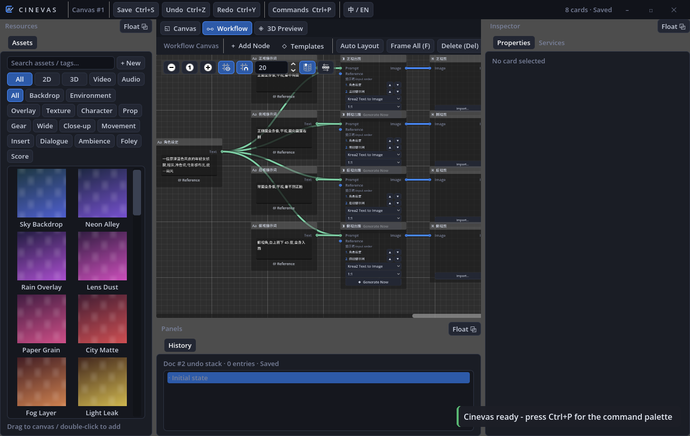 Cinevas workflow canvas: a character brief fanned out into front, side, back and three-quarter views